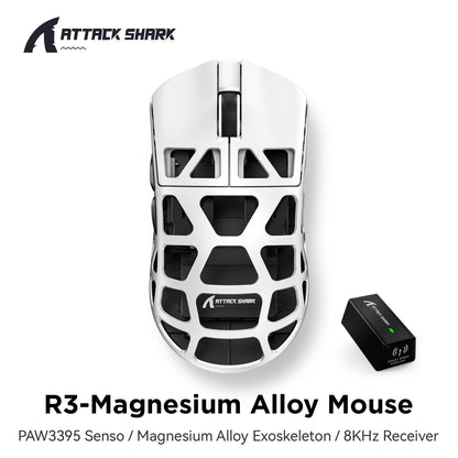 Mouse gaming ATTACK SHARK R3 din aliaj de magneziu cu design tip fagure, ultra-ușor, 8K Hz, senzor PAW3395, 26000 DPI, carcasă ergonomică