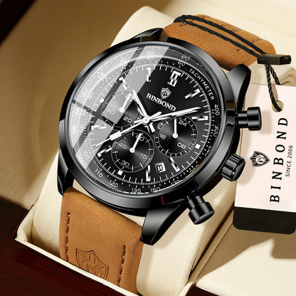 Robust and accurate BINBOND quartz chronograph watch for men, luxury, with automatic date, luminous hands and water-resistant, casual style.
