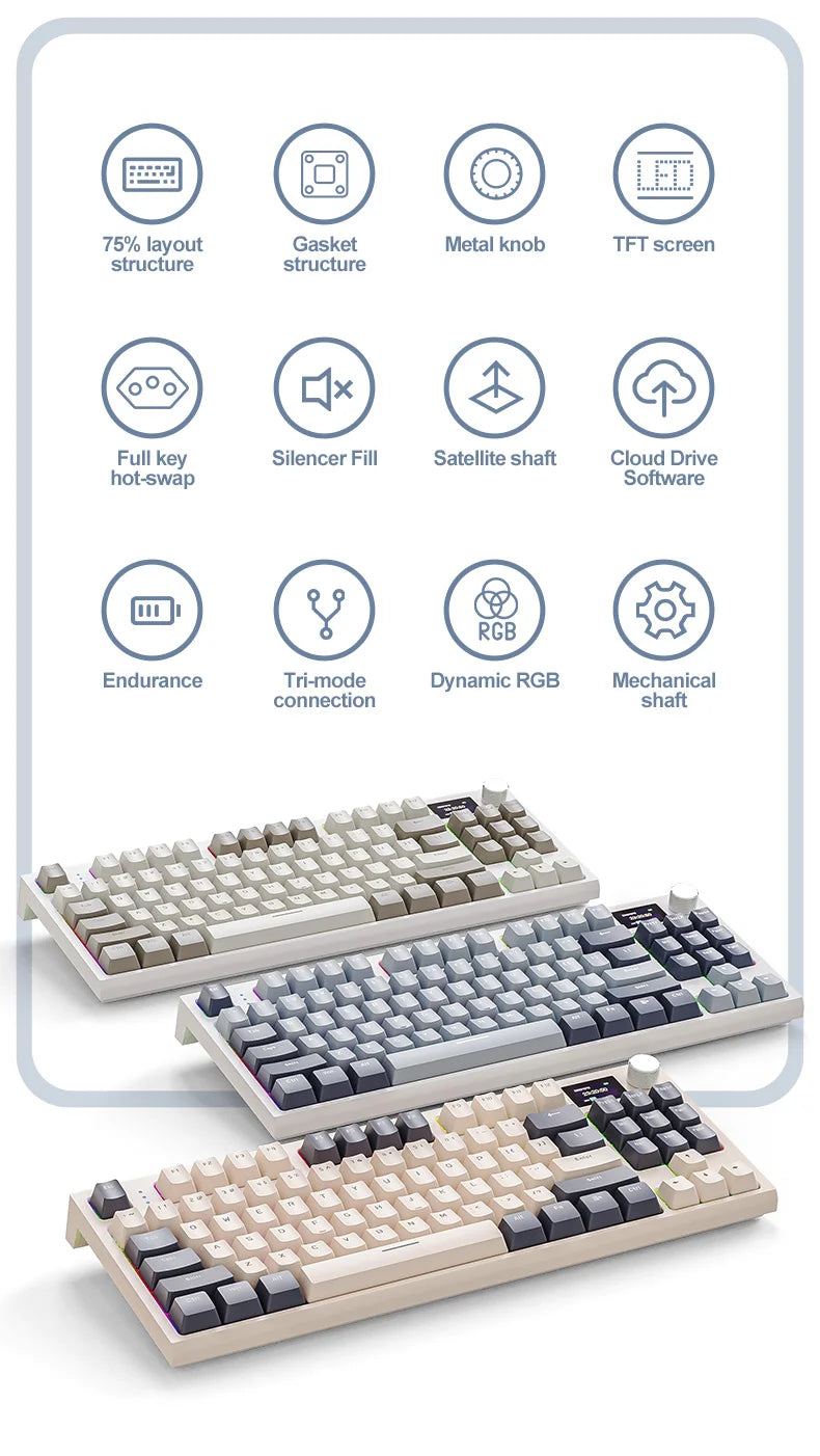 ATTACK SHARK K86 Mechanical Keyboard with Metal Knob,TFT Smart Color Screen,87-key Layout,RGB Lighting,and Three-mode Connection