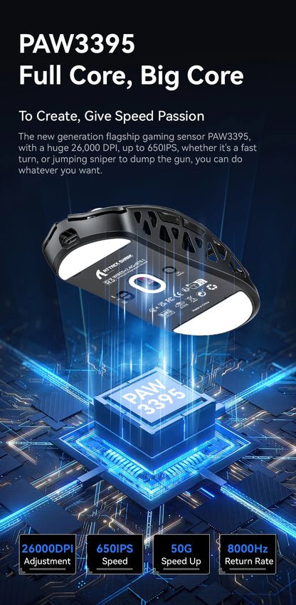 Mouse gaming ATTACK SHARK R3 din aliaj de magneziu cu design tip fagure, ultra-ușor, 8K Hz, senzor PAW3395, 26000 DPI, carcasă ergonomică