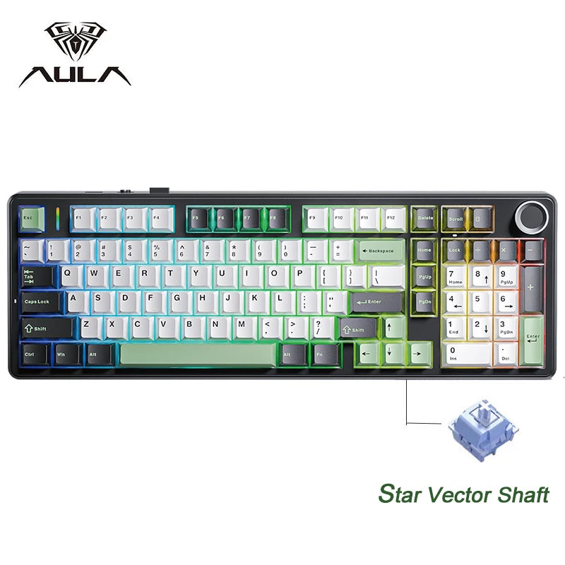 AULA F99PRO Gaming Mechanical Keyboard 99 Key Three Mode Wireless Hot Swappable Gasket Structure Custom Keyboard with Media Knob