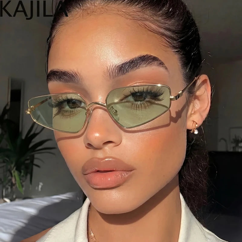 Vintage Semi-Rimless Polygon Punk Sunglasses Women 2026 Luxury Brand Cat Eye Metal Small Frame Sun Glasses Ladies Classic Shades