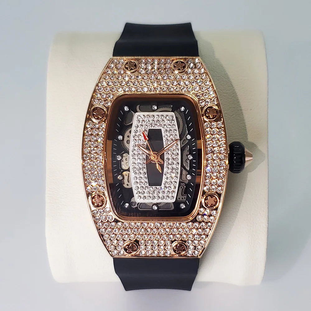 Luxury Diamond Watch For Women Elegant Tonneau Original Design Watches Fashion Ice Out Sport Rubber Strap Waterproof Mille Clock
