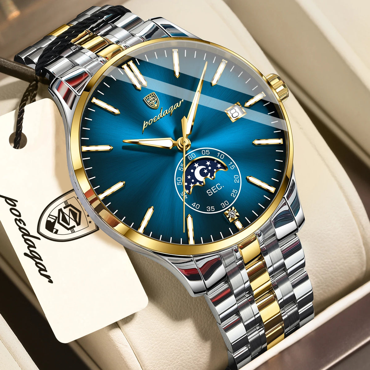 POEDAGAR luxury men’s watch, casual style, stainless steel, quartz, water-resistant, luminous, with date, elegant.