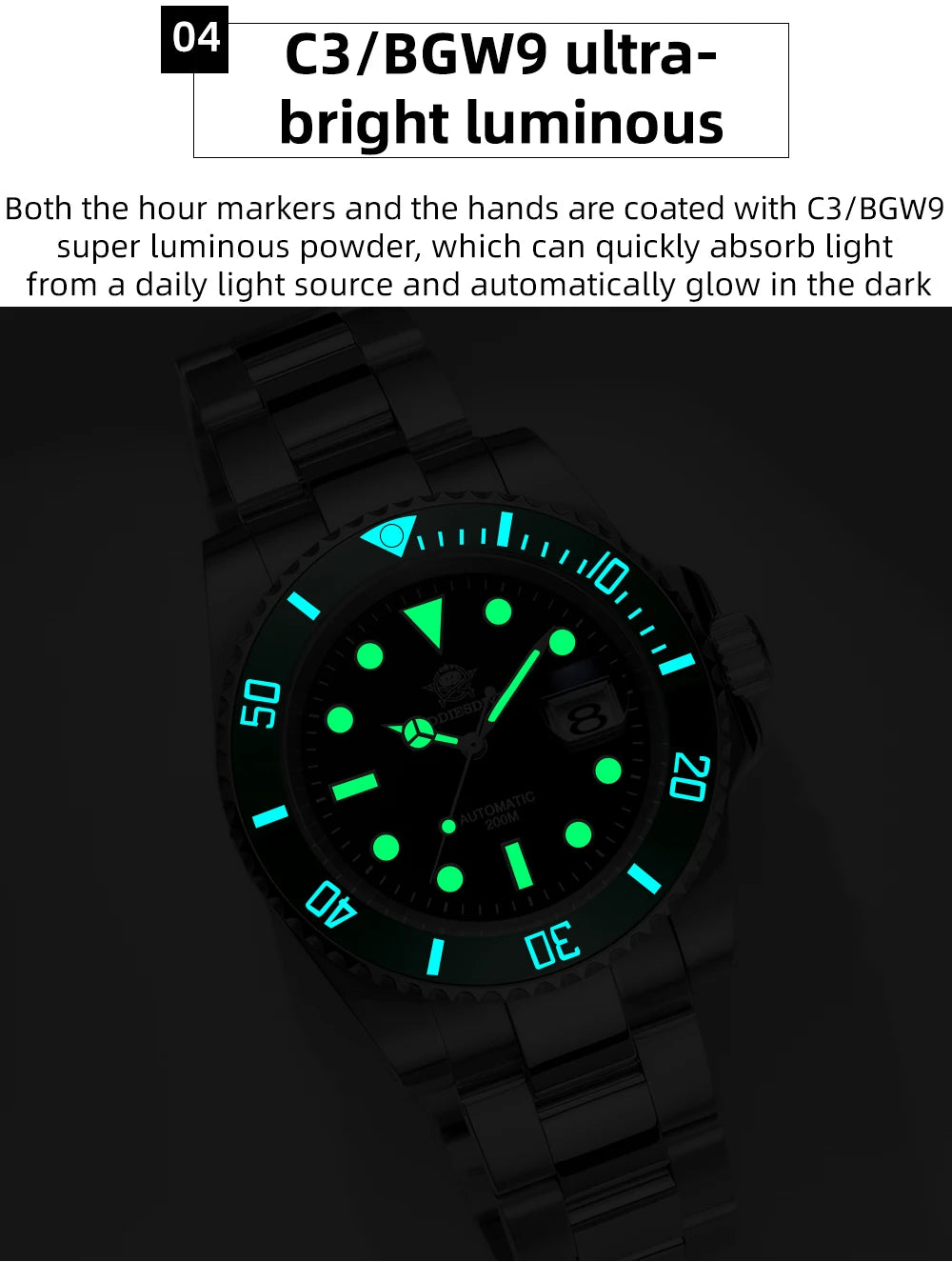 Relógio automático de luxo para homem ADDIESDIVE 8215, relógio mecânico luminoso BGW9 com vidro de safira, relógio de mergulho analógico para homem AD2503