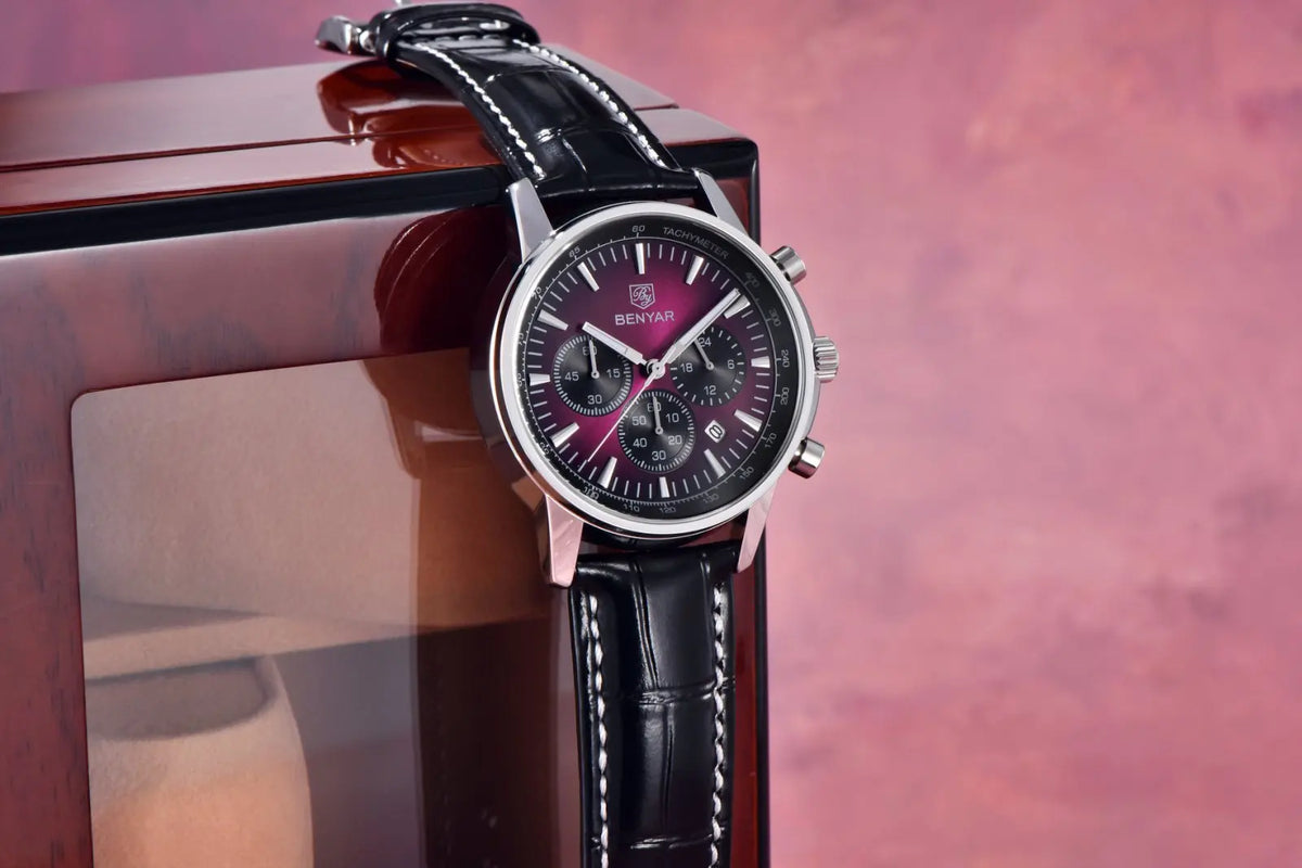 Benyar luxury men’s watch – Chronograph with date, leather strap, water-resistant, luminescent, sporty and military style, quartz watch