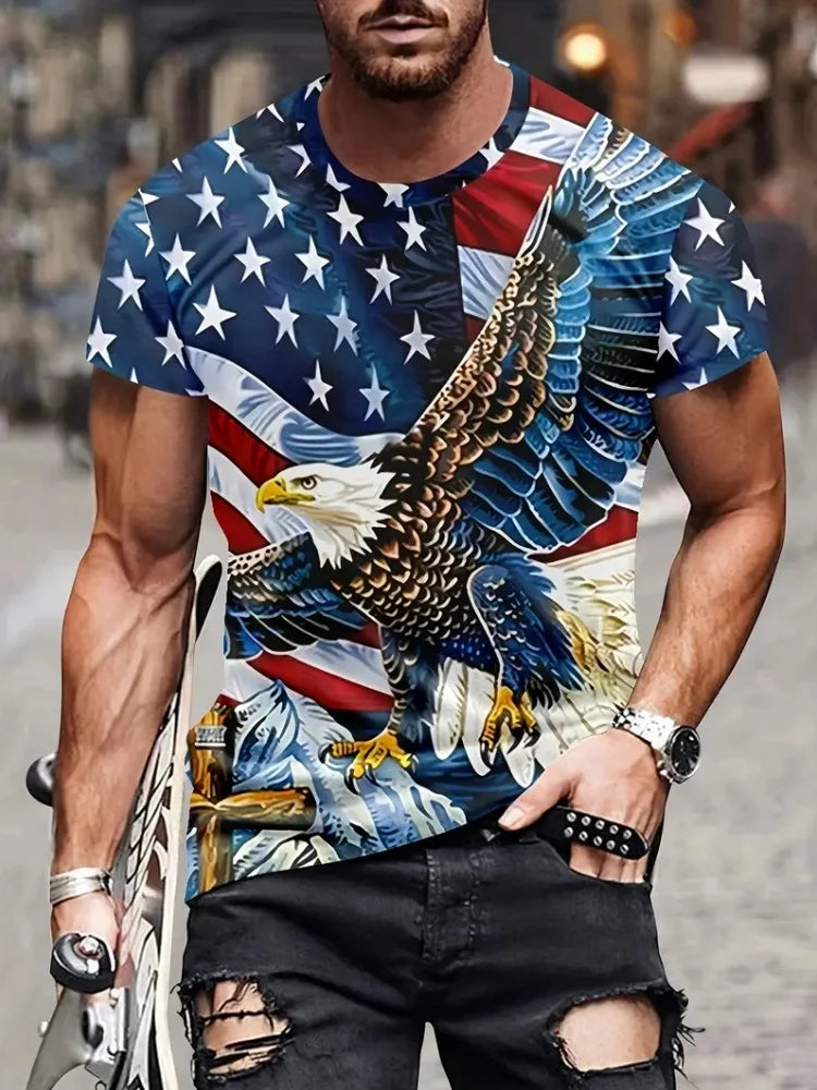 Patriottisch 3D-T-shirt voor heren met adelaarprint, casual ronde hals, korte mouwen, pullover voor zomerse mode en outdooractiviteiten, herenkleding