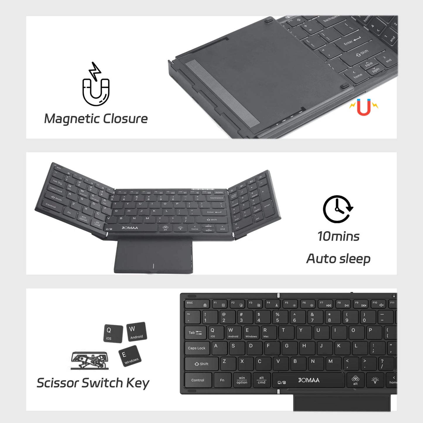 Jomaa hintergrundbeleuchtete klappbare Full-Size-Tastatur Bluetooth+USB, kabellose Tastatur mit Touchpad und Ziffernblock für Laptop Windows