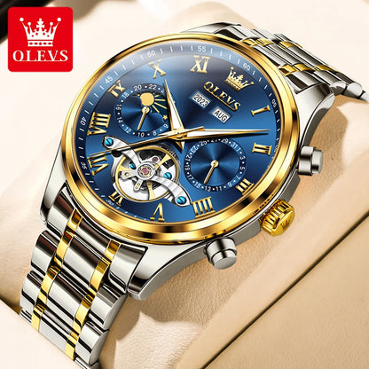 OLEVS 7005 Classic Business Mechanical Wristwatch for Men Skeleton Flywheel 24 Hour Moon Phase Calendar Luxury Men's Watch