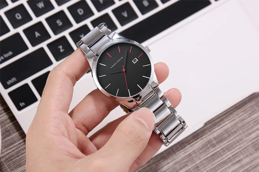 Hannah Martin férfi karóra, rozsdamentes acél tok, kvarc szerkezet, 41 mm-es számlap, üzleti stílus, naptárkijelzéssel (utánzat)