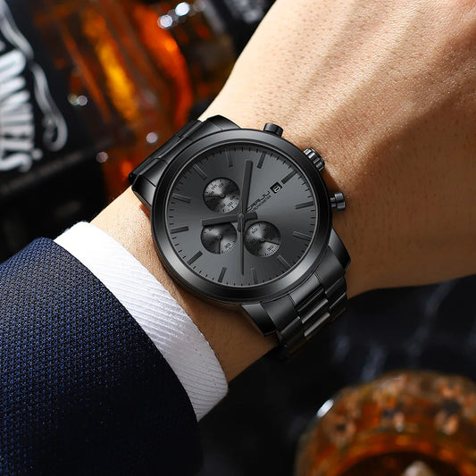 CRRJU Men’s Watch – Stainless steel chronograph, water-resistant, with date display, analogue quartz movement, elegant and professional style