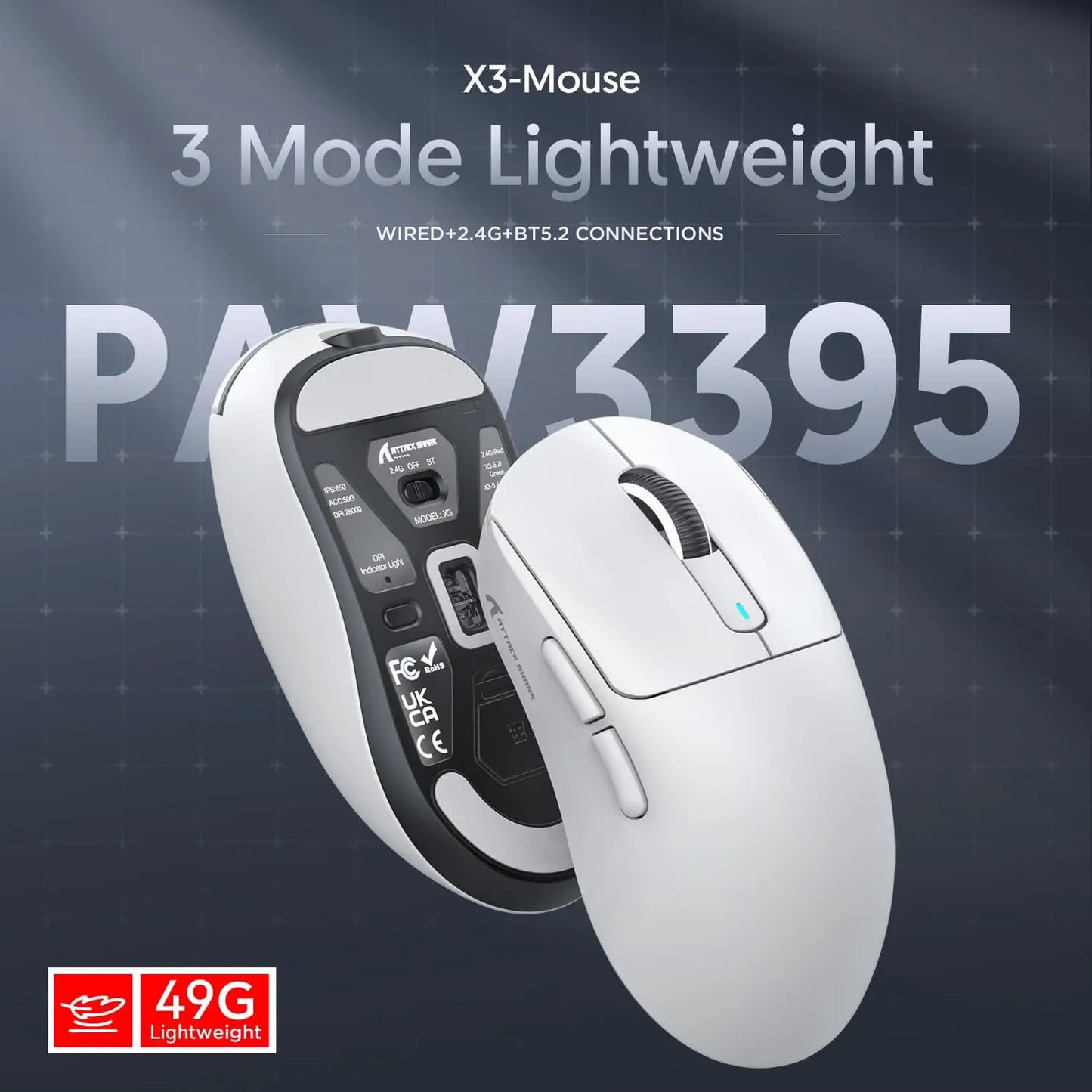 ATTACK SHARK X3 trådløs gamingmus PixArt PAW3395 49g SUPERLIGHT, BT/2.4G trådløs/kablet, 6 justerbare DPI op til 26000
