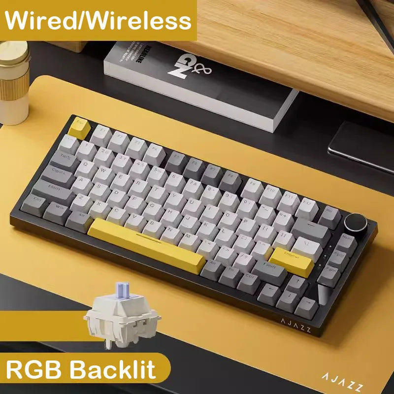 AJAZZ AK820 Mechanische Tastatur 70 % kompaktes Layout/RGB-Beleuchtung/Hot-Swap-fähige Switches, mit kabelgebundenem, kabellosem und Bluetooth-Betrieb