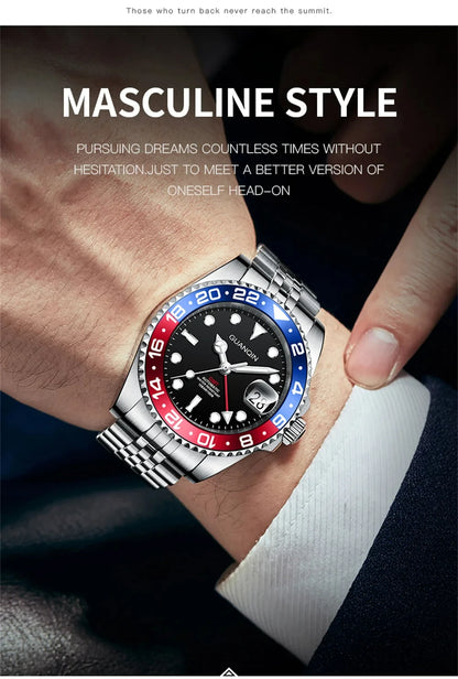 GUANQIN GMT Men's Watches 2025 New Automatic Watch Men NH34 Mechanical Wristwatch Sapphire Glass Stainless Steel Clock Left Hand