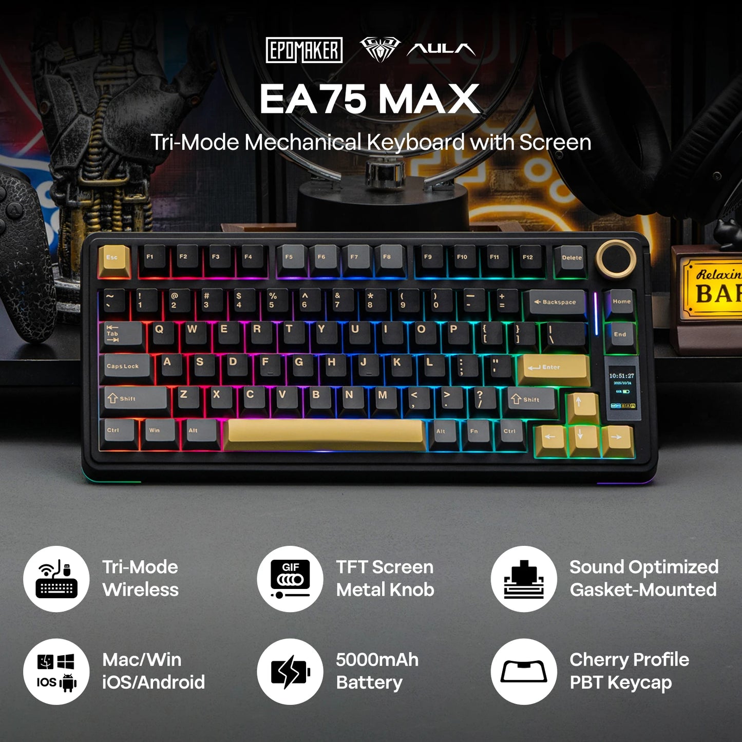 EPOMAKER X AULA EA75 MAX 75% ANSI-US-Layout Hot-Swap-Gasket kabelgebundene/BT/2.4GHz kabellose mechanische Tastatur mit Display & Drehregler