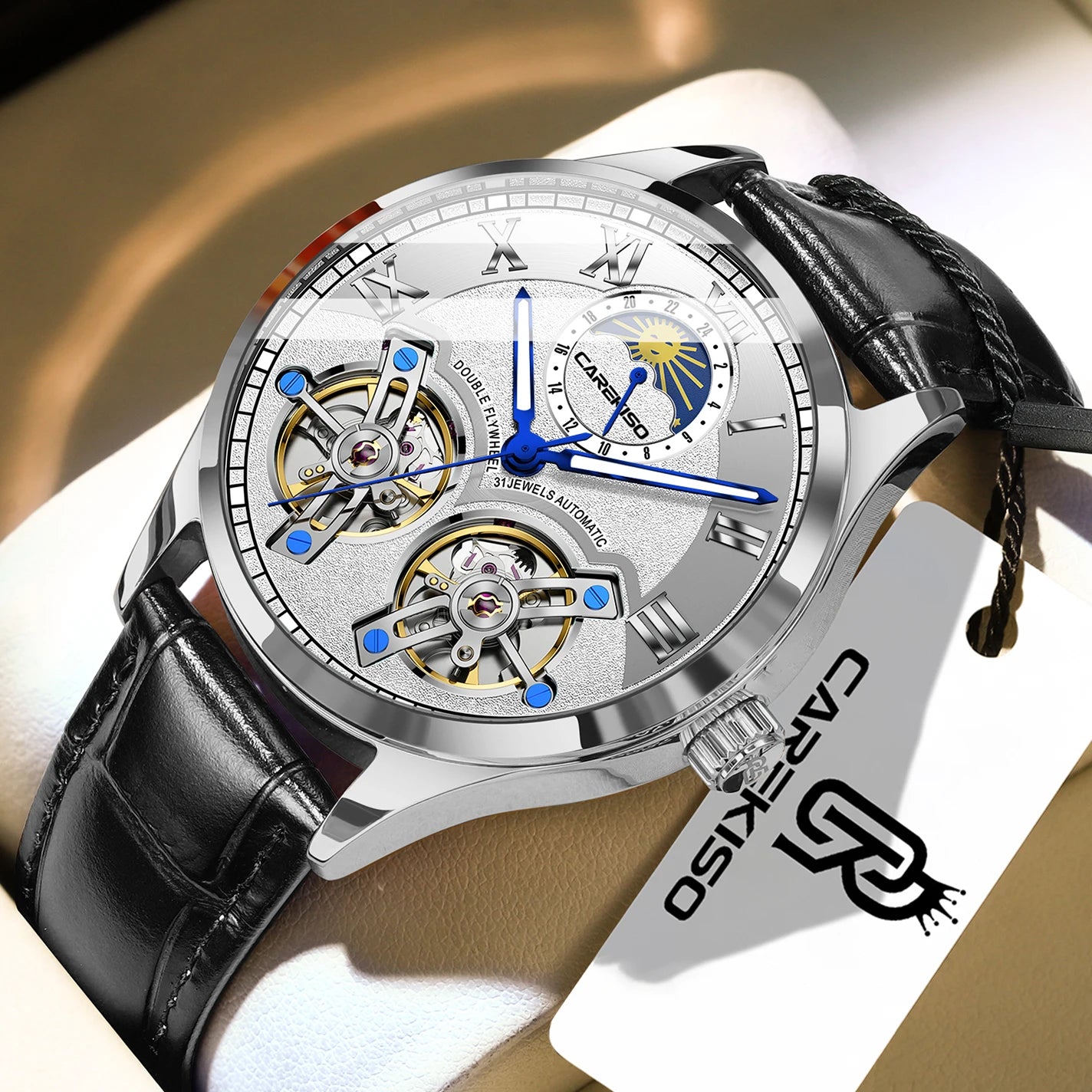 CAREKISO Fashion Men Clock Double Hollow Tourbillon Automatic Mechanical Man Watch Waterproof Luminous Leather Men's Watches+Box