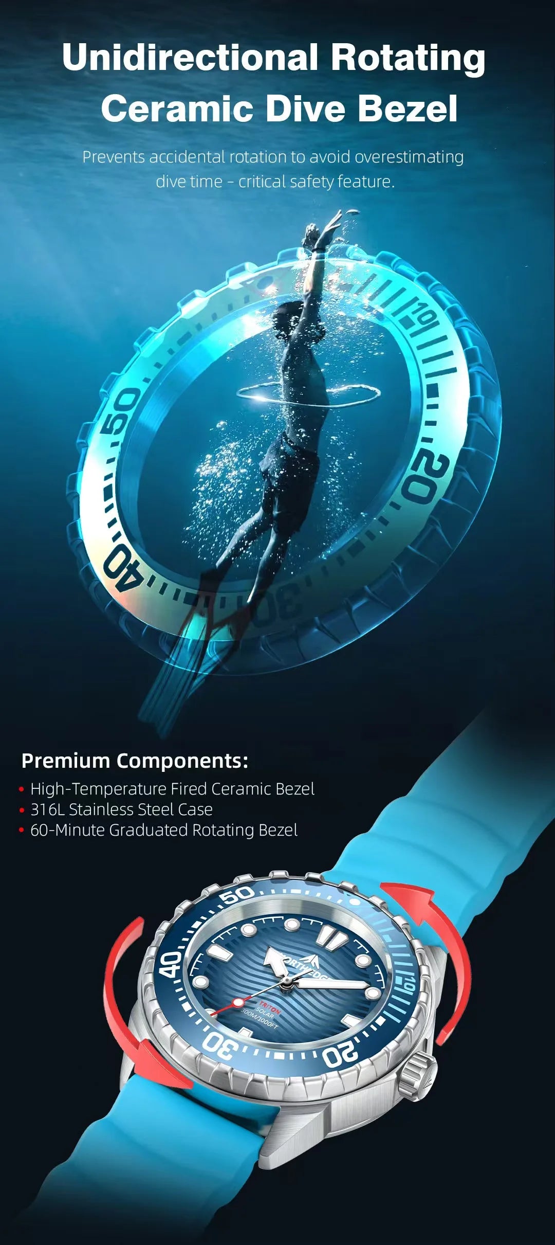 Stainless Steel Diving Watch Solar Energy Driven Quartz Watch Outdoor Waterproof Long Battery Life Rotatable Chronograph Ring