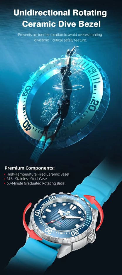 Stainless Steel Diving Watch Solar Energy Driven Quartz Watch Outdoor Waterproof Long Battery Life Rotatable Chronograph Ring