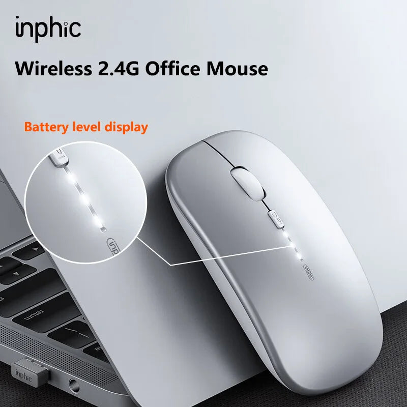 Mouse Wireless Silenzioso da Ufficio Inphic M1P Ultra-Sottile Portatile con Interfaccia USB, Indicatore Batteria e Ricarica TYPE-C