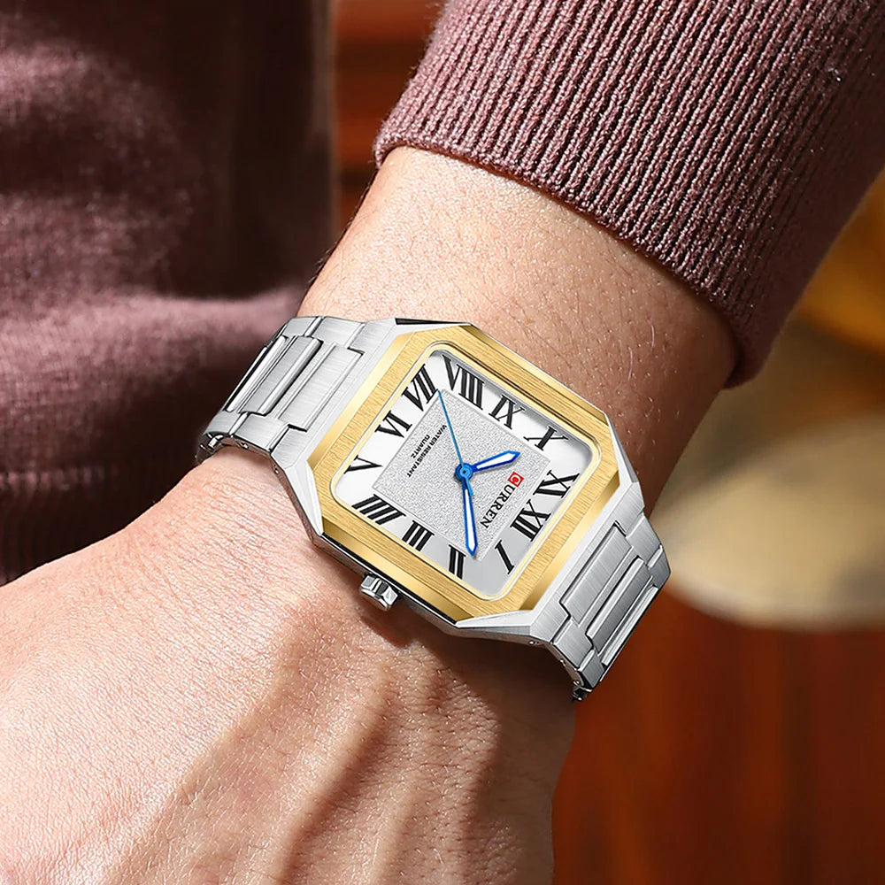 CURREN Vintage Square Design Dial with Roman Numeral Classic Business Dress Quartz Watch for Men with Luminous Hands 8482