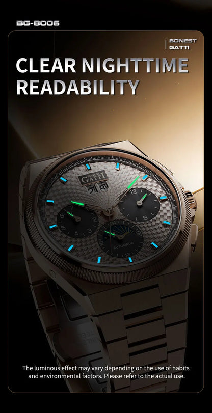 BONEST GATTI 2026 New Men's Automatic Watch 316L Stainless Steel Luminous Date Week Month 24H Display Business Mechanical watch
