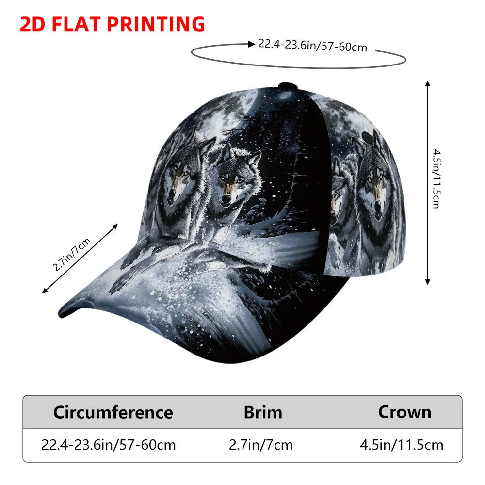 Classic Baseball Cap Featuring a 2D Flat Print of Wolves Under a Full Moon Lightweight Adjustable Duckbill Hat