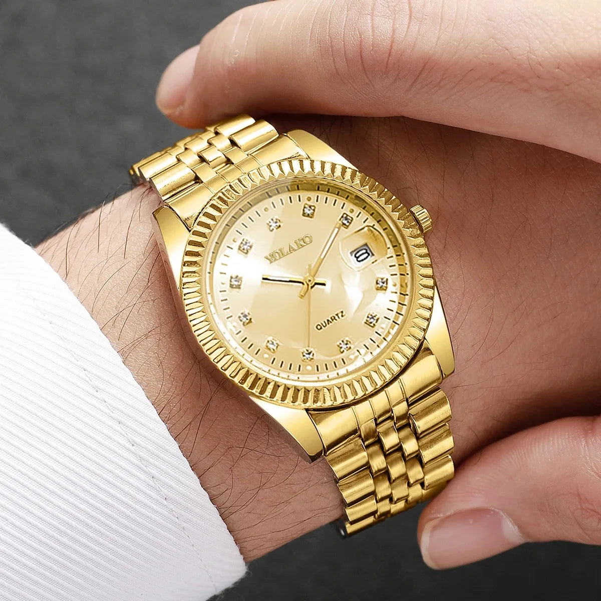Luxury Men Calendar Quartz Watch  Fashion Rhinestone Steel Men's Business Watches Reloj Hombre Clock Gift（Without Box）
