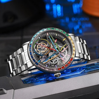 Férfi szkeleton óra, divatos stílusban, szivárvány színekben ragyogó drágakövekkel díszítve, tourbillon szerkezettel; luxus automata mechanikus óra, 30 méterig vízálló.