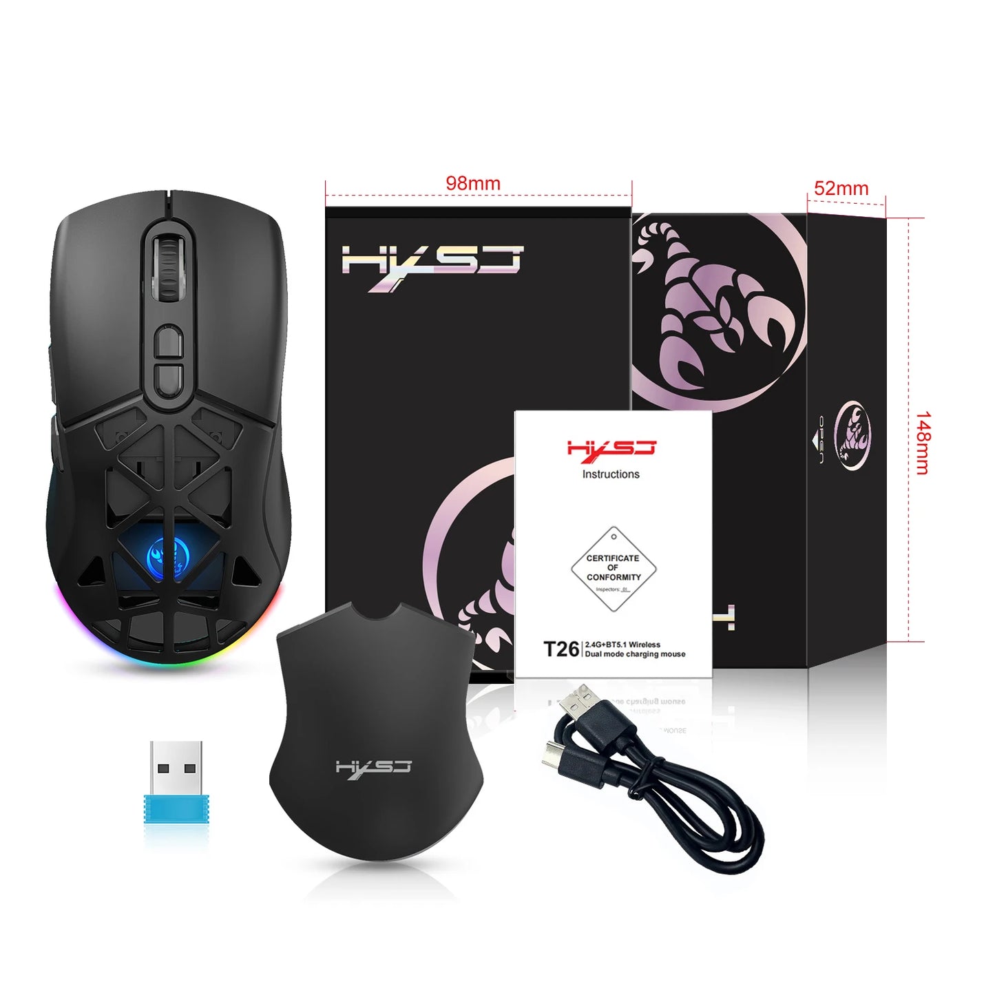 HXSJ T26 Dual Mode Gaming Mouse 2.4G+BT5.1 Wireless Mouse Gaming for Laptop 4800DPI Adjustable Ergonomic Optical Computer Gamer