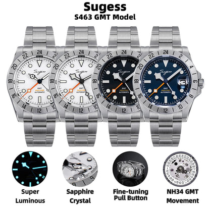 SEESTERN GMT Retro Watch for Men NH34 Automatic Movement Mechanical Wristwatches Sapphire Crystal Fine-tuning Pull Button S436