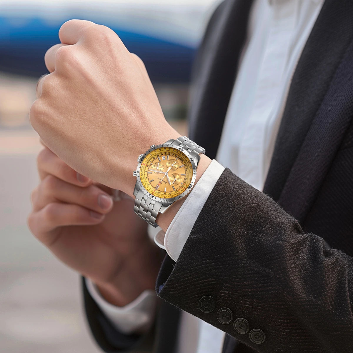 Męski zegarek BERNY Aviation – chronograf kwarcowy z datownikiem, szkłem szafirowym i powłoką ultraluminiscencyjną – elegancki zegarek luksusowej marki