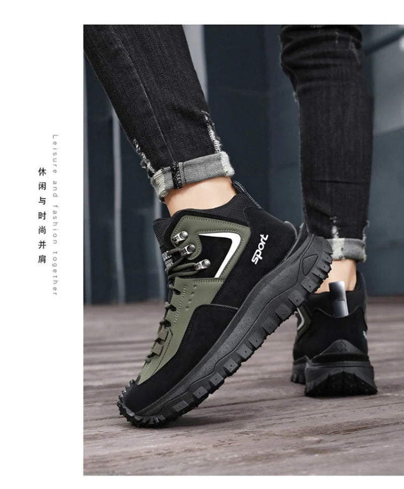 Black And Tan Mid Top Hiking Boots Suede And Leather Platform Sneakers Non Slip Outdoor Casual Shoes With Rugged Sole For All