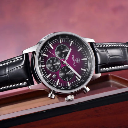 Benyar luxury men’s watch – Chronograph with date, leather strap, water-resistant, luminescent, sporty and military style, quartz watch