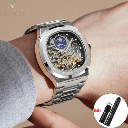 2026 High-end Luxury SKROX Square Man Watch Sapphire Stainless Steel Skeleton Moon Phase Classic Automatic Movement Male Watches