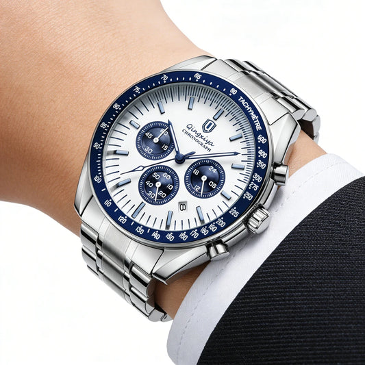 Men’s luxury quartz watch, water-resistant and luminescent, made of stainless steel, featuring a 24-hour chronograph and date display – Stylish men’s watch