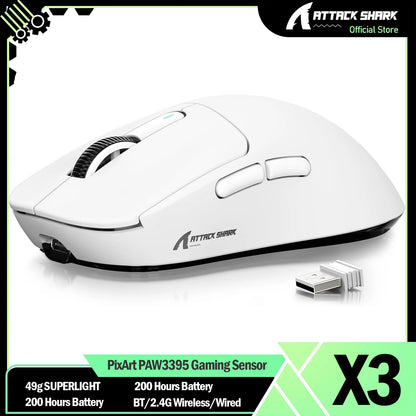 ATTACK SHARK X3 trådløs gamingmus PixArt PAW3395 49g SUPERLIGHT, BT/2.4G trådløs/kablet, 6 justerbare DPI op til 26000