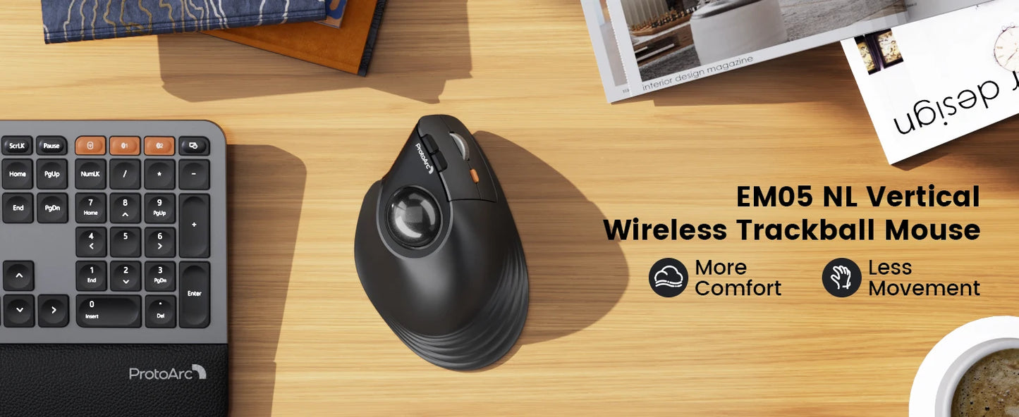 ProtoArc EM05NLWireless Trackball Mouse Rechargeable Bluetooth Ergonomic Vertical Rollerball Mouse for Computer iPad Mac Windows