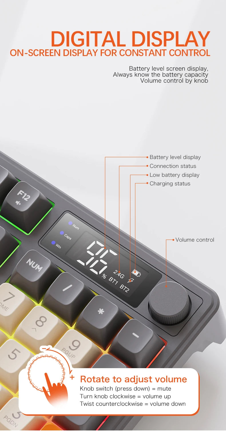 M96 kabellose Bluetooth-Tastatur FREEWOLF mit Digitalanzeige, RGB-Hintergrundbeleuchtung, 2000mAh-Akku & PBT-Tastenkappen für PC/Laptop