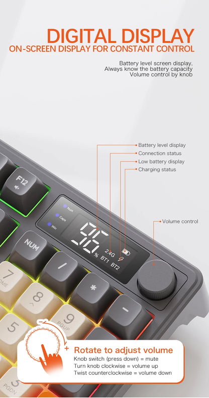 M96 kabellose Bluetooth-Tastatur FREEWOLF mit Digitalanzeige, RGB-Hintergrundbeleuchtung, 2000mAh-Akku & PBT-Tastenkappen für PC/Laptop
