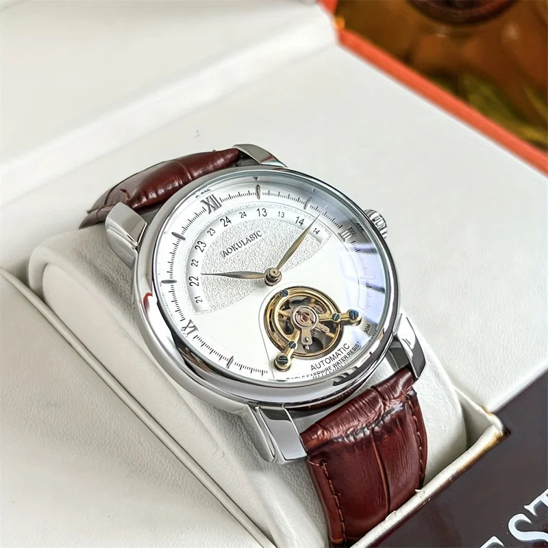 Men’s automatic mechanical watch – Elegant openwork design, trendy ‘business casual’ style, alloy case and leather strap, battery-free