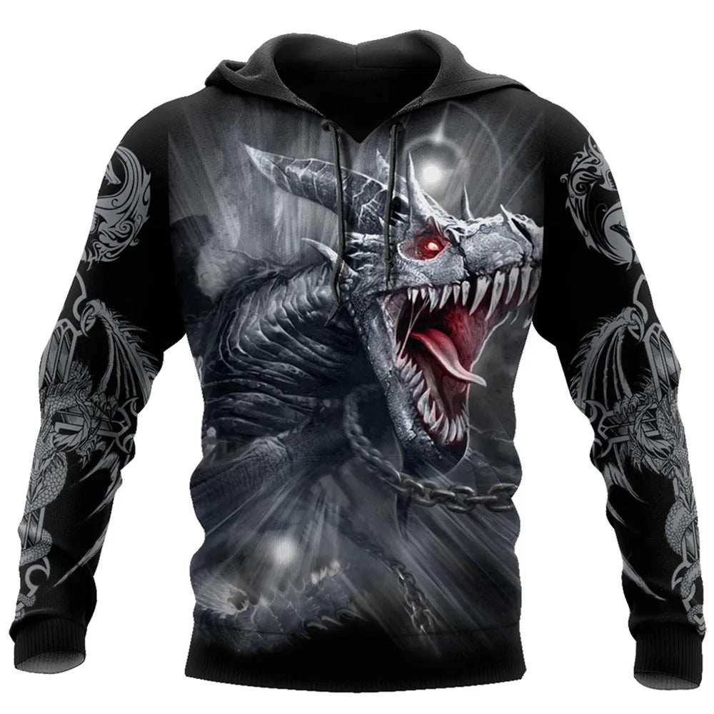 Herbst-Winter-Kapuzenpullover für Herren, langärmelig, mit 3D-Tattoo-Drachen-Print, Unisex-Streetwear-Sweatshirt, lässiger Trainingsanzug-Pullover