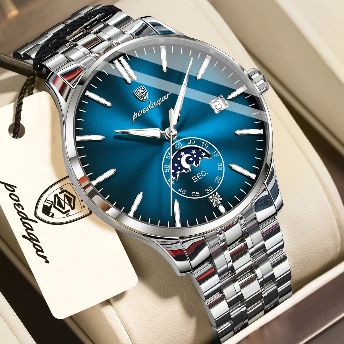 POEDAGAR luxury men’s watch, casual style, stainless steel, quartz, water-resistant, luminous, with date, elegant.