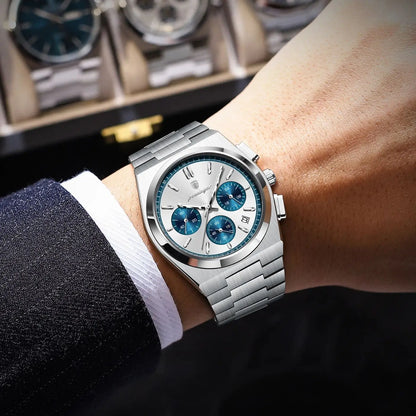 POEDAGAR Men’s Watch – Luxury stainless steel chronograph, with date, water-resistant and luminescent – Sporty quartz wristwatch
