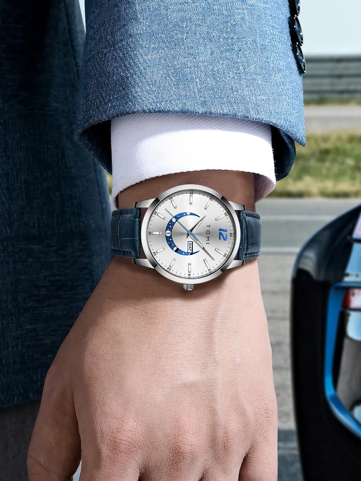 Orologio al quarzo TOMI, dallo stile elegante e professionale, con cinturino in pelle, cassa in lega e quadrante con lancette – Design di alta gamma, idea regalo per uomo