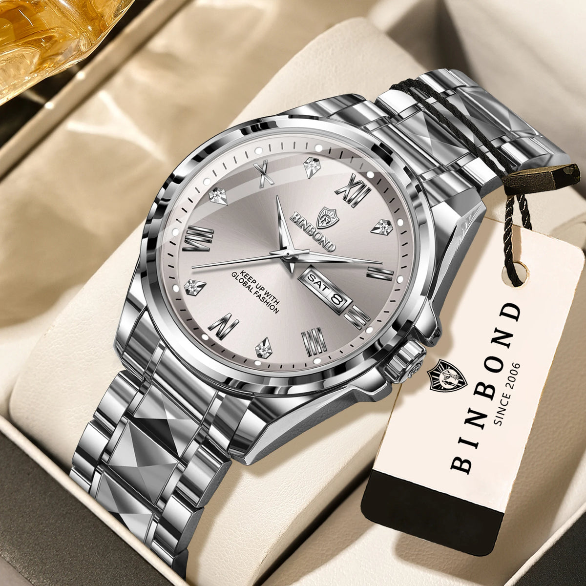 Montre-bracelet à quartz pour homme BINBOND – Style professionnel, luxueuse, lumineuse, robuste et durable, étanche, avec affichage automatique de la date et du jour de la semaine.
