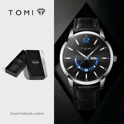 Orologio al quarzo TOMI, dallo stile elegante e professionale, con cinturino in pelle, cassa in lega e quadrante con lancette – Design di alta gamma, idea regalo per uomo