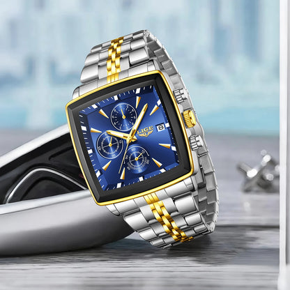 LIGE luxury men’s watches, square model, classic and trendy style, stainless steel, water-resistant, sporty and casual, with quartz movement.