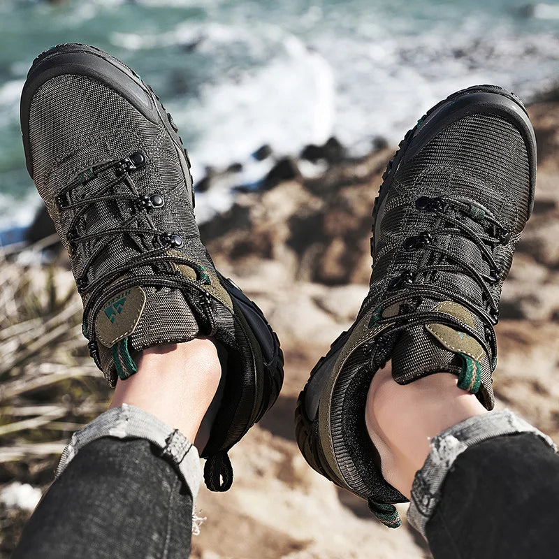 HIKEUP fire-sæsons vandresko til mænd, udendørssport, ægte læder, slidstærke klatresko, gummisål, trekking-sneaker