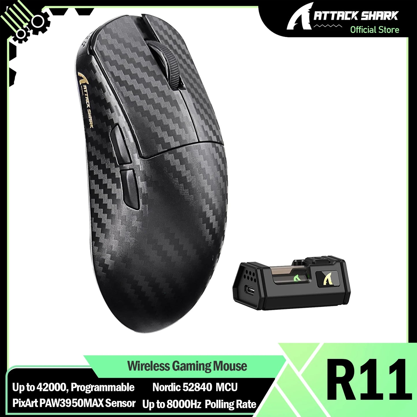 ATTACK SHARK R11 ULTRA 49g Carbon Fiber 8000Hz Wireless Gaming Mouse, 42000 DPI, 20000 FPS, PAW3950MAX, Nordic 52840 Chip