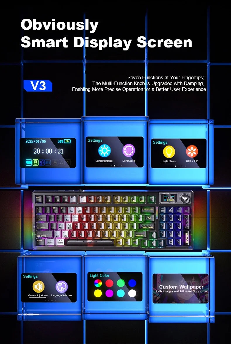 AULA F98Pro V3 Mechanical Keyboard W/ Rotate Button RGB Backlight Screen Tri-Modes Game E-sports Special Carved 95 Keycaps